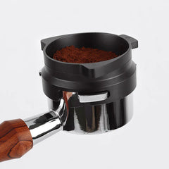 Brewedco Bottomless Portafilter that has a wooden handle bottomless portafilter